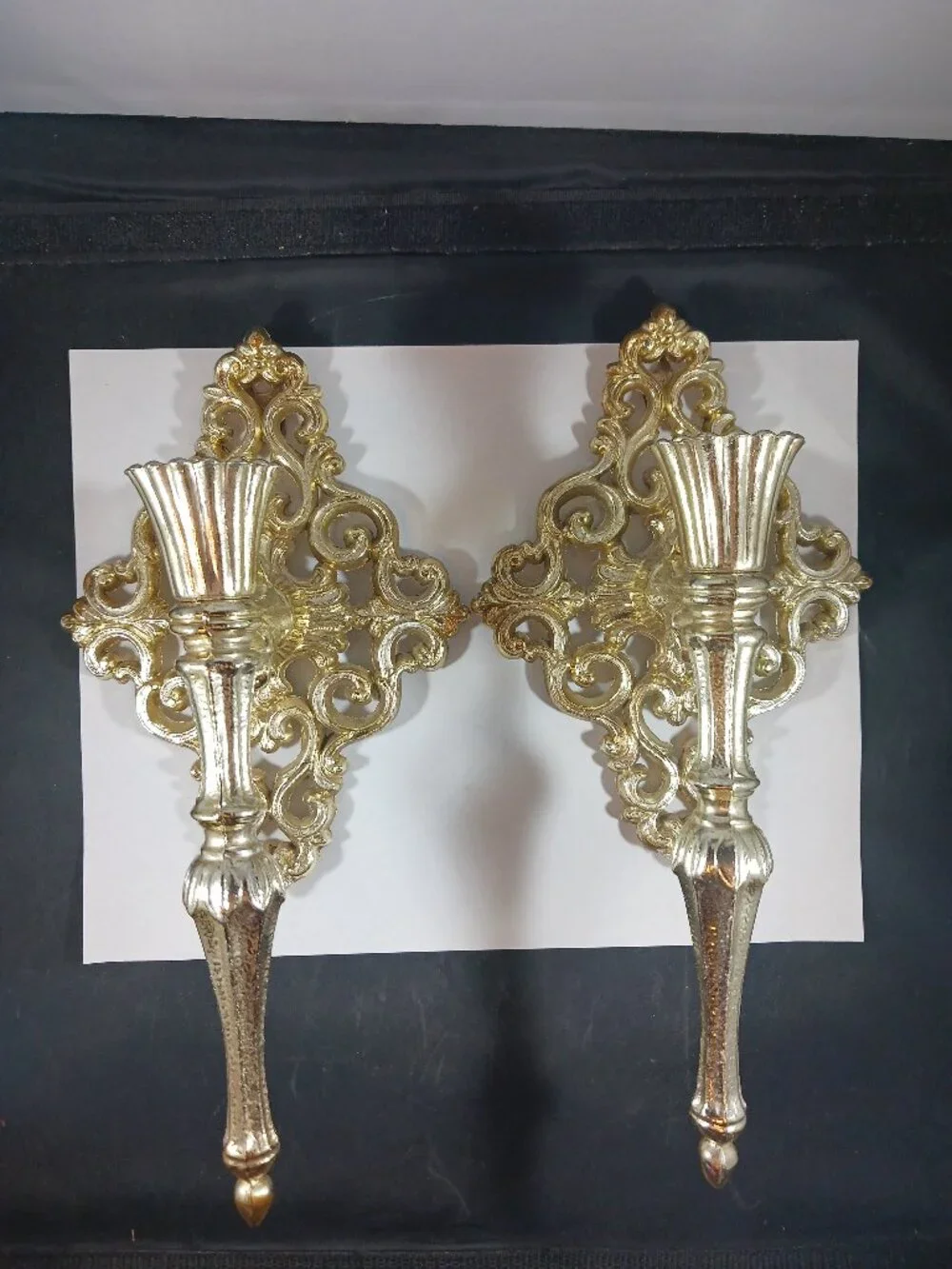 Vintage Pair Hollywood Regency Gold Metal Candle Holder Sconces